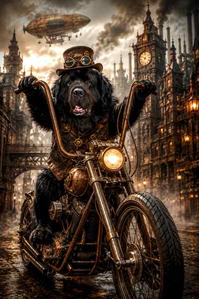Steampunk Newfoundlander op Koperen Chopper