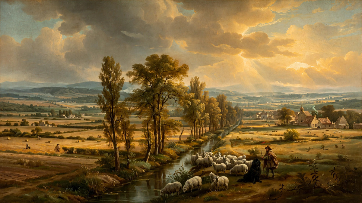 Schaapsherder met zwarte hond bij  Auvers-sur-Oise.
