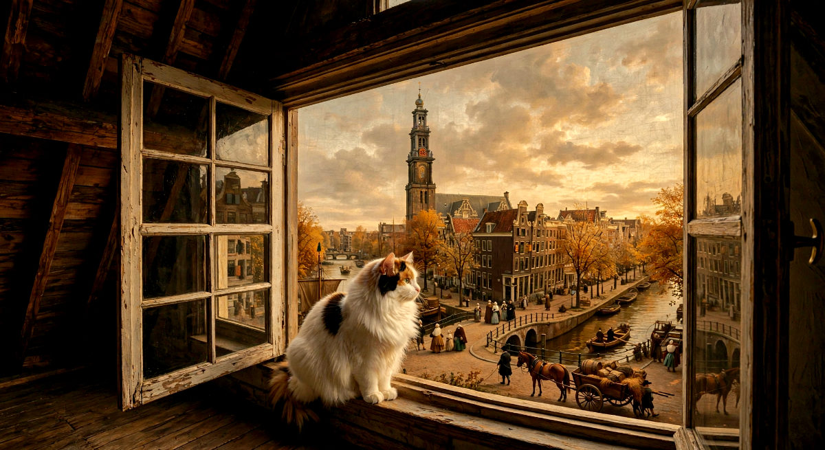 Pluisje en haar blik op Amsterdam. schilderij van Apollo van Rijn.