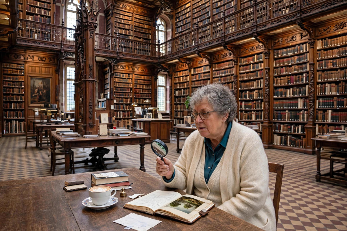 Antoinette in de bibliotheek op zoek naar aanknopingspunten