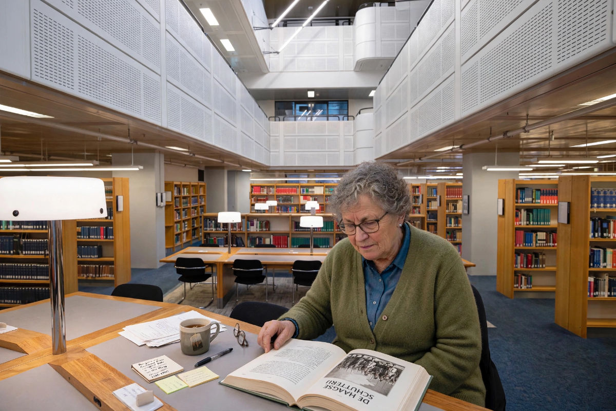 Antionette onderzoek de Haagse schutterij in de koninklijke bibliotheek Den Haag.