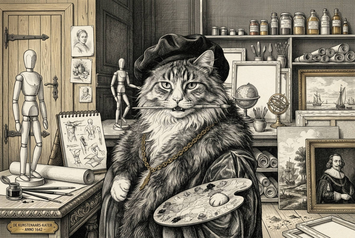 Tekening van Apollo van Rijn die op de achterkant van een penseel kauwt.