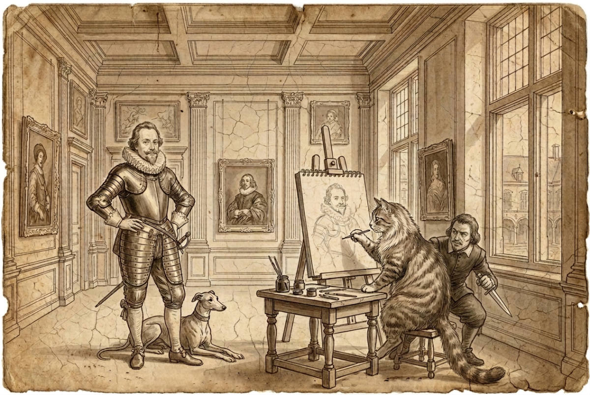 Tekening waarop duidelijk is dat Apollo van Rijn met open ogen in de valstrik is getrapt.