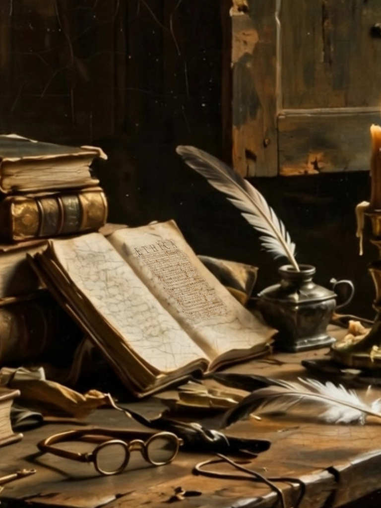 Detailfoto van het boek in het schilderij bij Spinoza