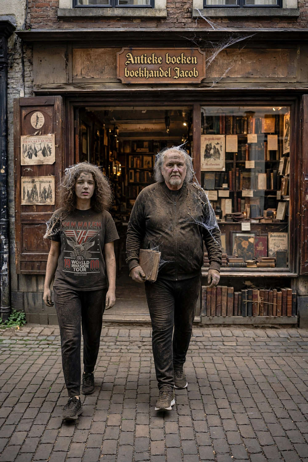 Helemaal onder het stof verlaten Robert en Jessica de boekhandel met het kasboek.