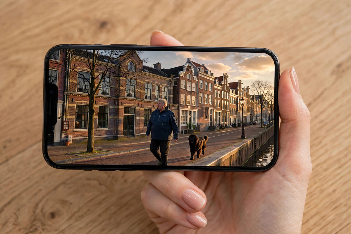 De iPhone met de foto van de man op de gracht met zijn Newfoundlander.
