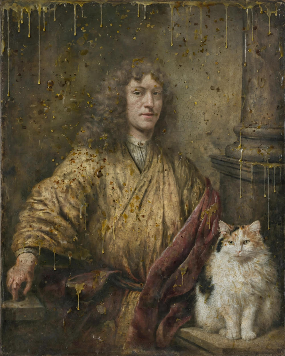 Het vervuilde schilderij van Ferdinand Bol met kat.