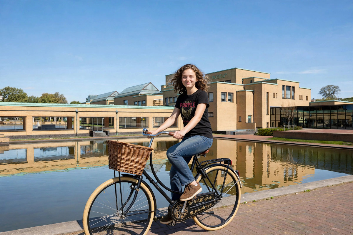 Jessica op de fiets voor het Kunstmuseum Den Haag.