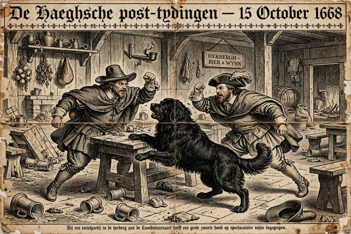 Krantenkop met tekening van ruzie in de herberg
