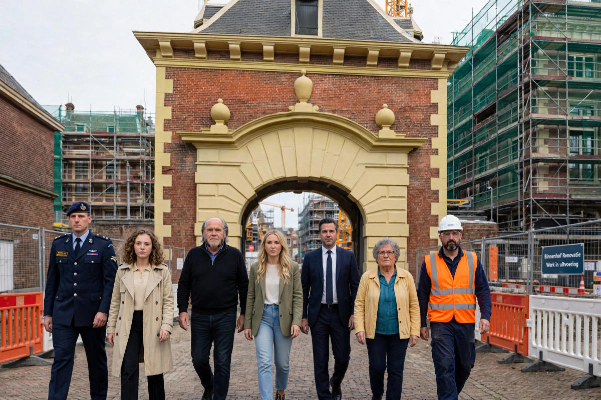 Benieuwd naar wat we te zien krijgen volgen we de opzichter door de Grenadierspoort naar het Binnenhof.