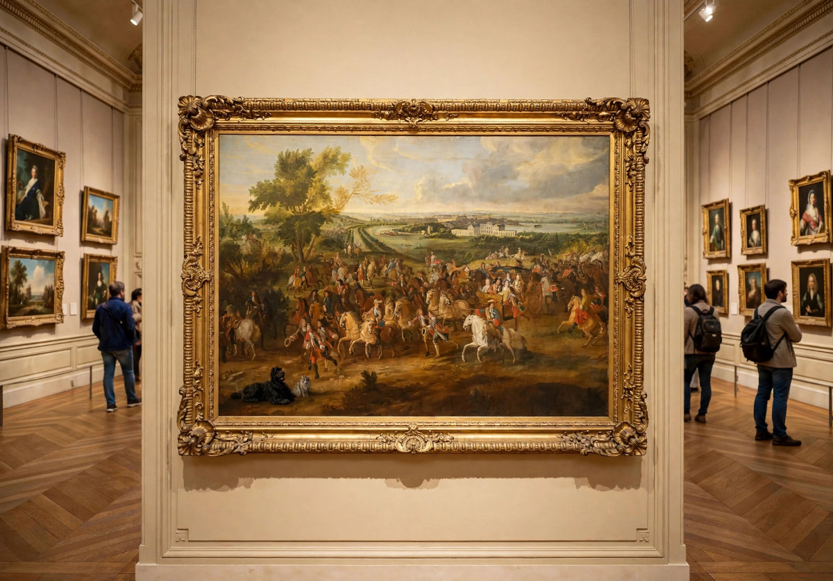 Cortège royal, avec vue sur le château de Clagny et de Versailles.