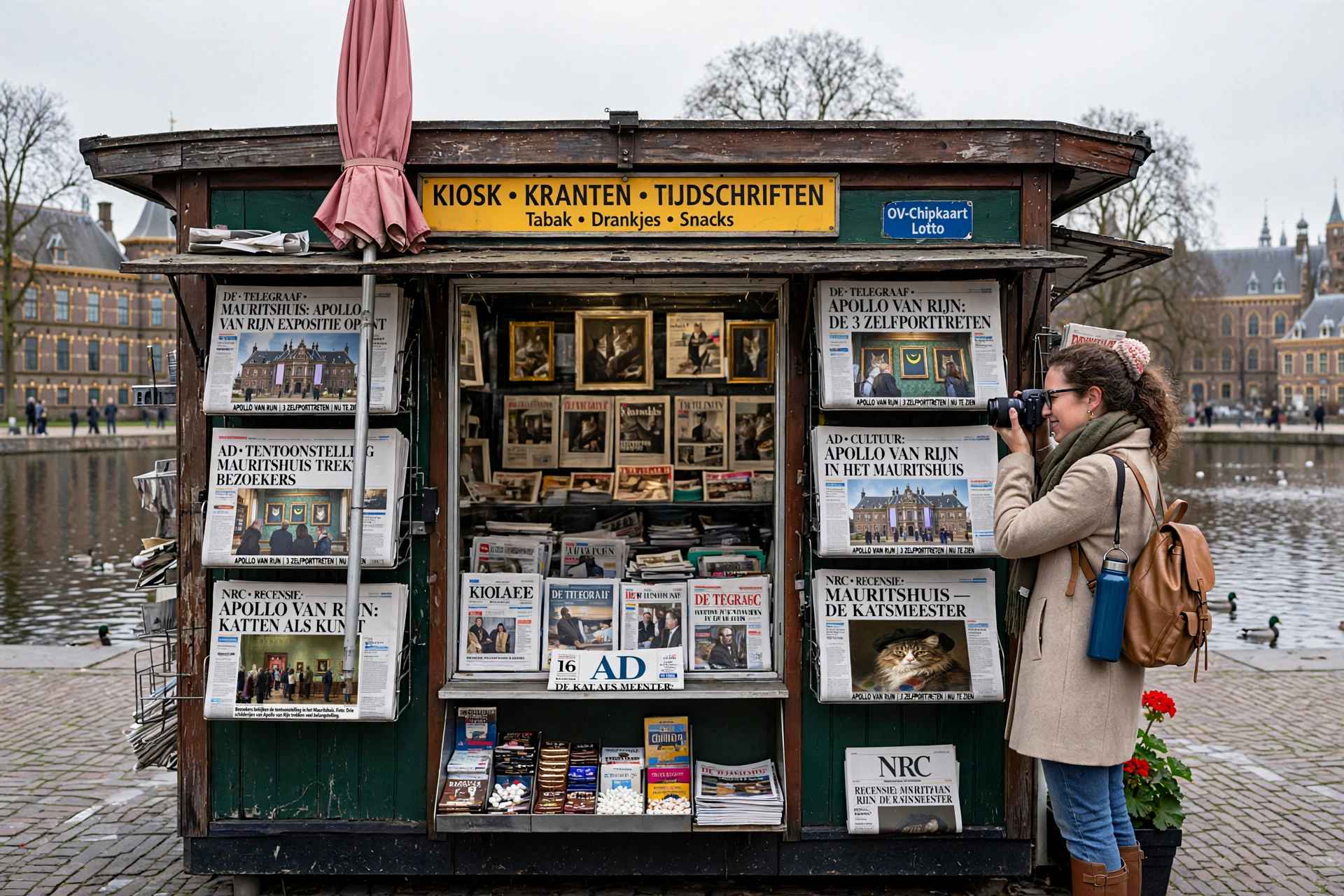 Kranten Kiosk met kartenkoppen over Apollo van Rijn