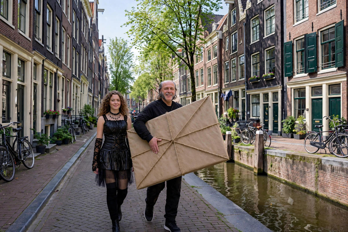 Teruglopend langs de grachten met het schilderij onder de arm