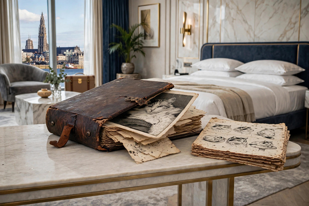 Schetsboek op hotelkamer.