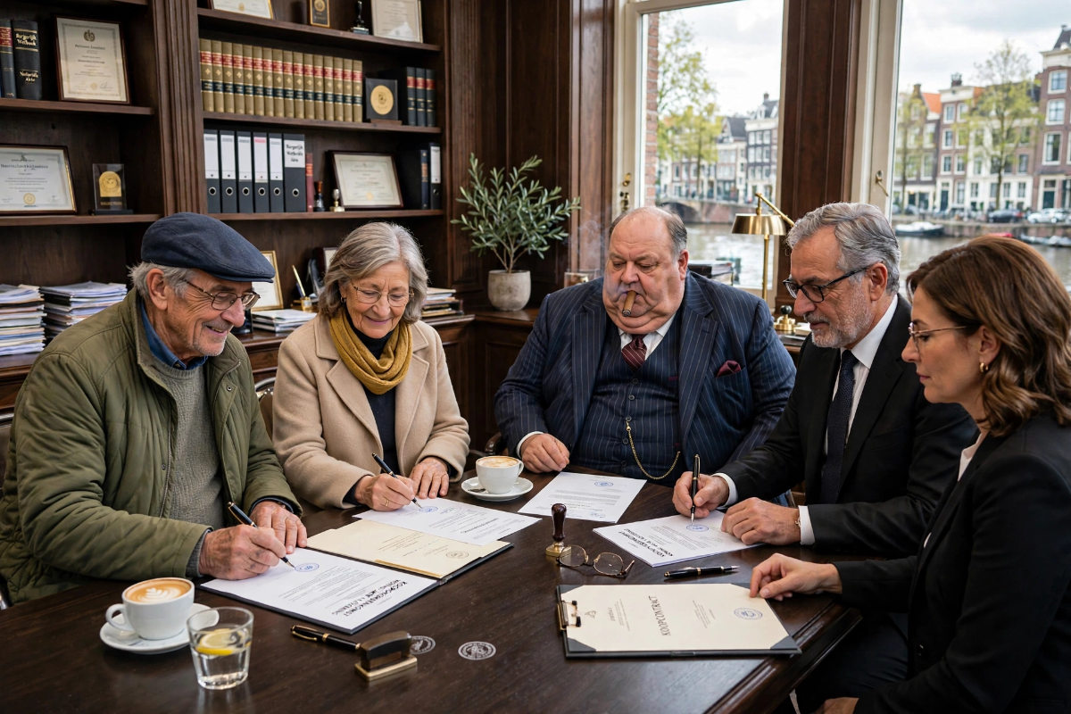 fam. Jansen bij de notaris voor de verkoop van Ferdinand Bol met Pluisje.