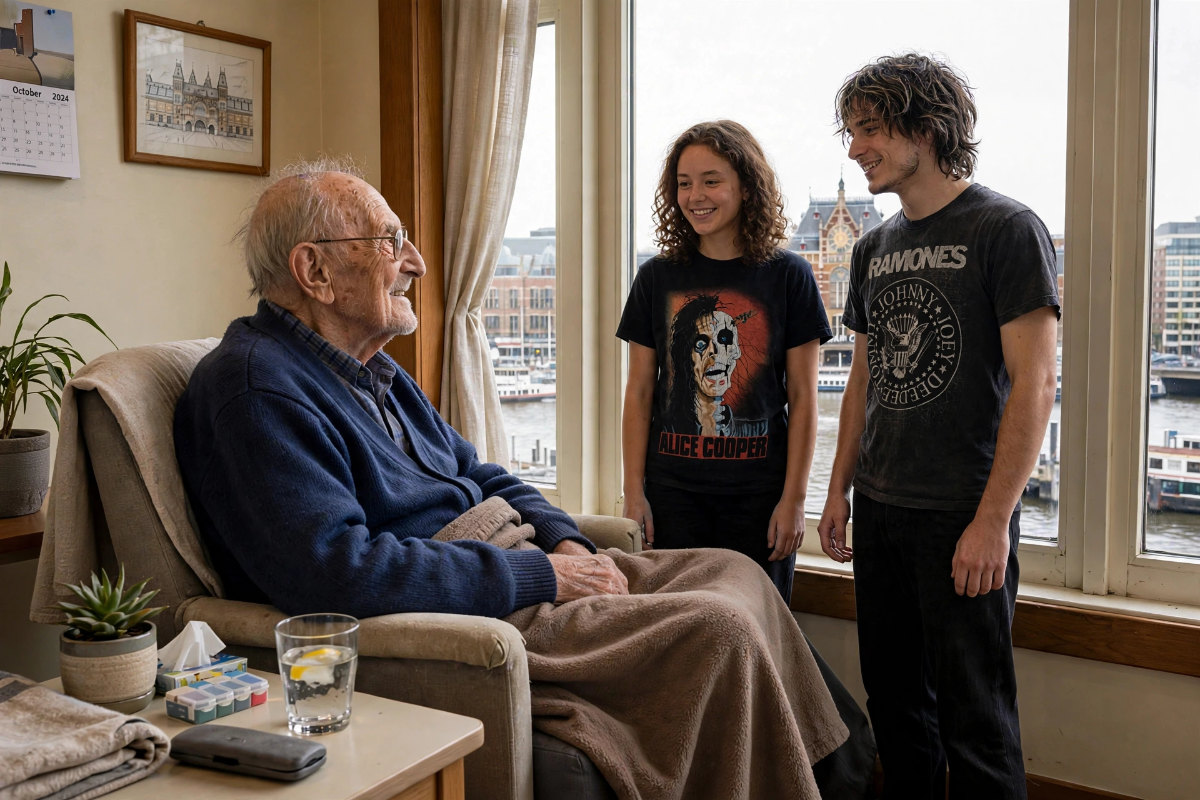Jessica en Theo Boskamp op visite bij Jacob van Veenendaal.