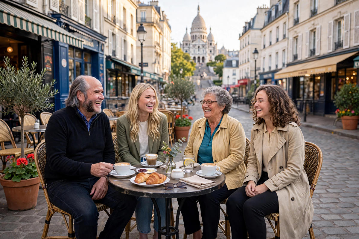 Het team op een terras op Montmartre in Parijs, het teamuitje is een succes.