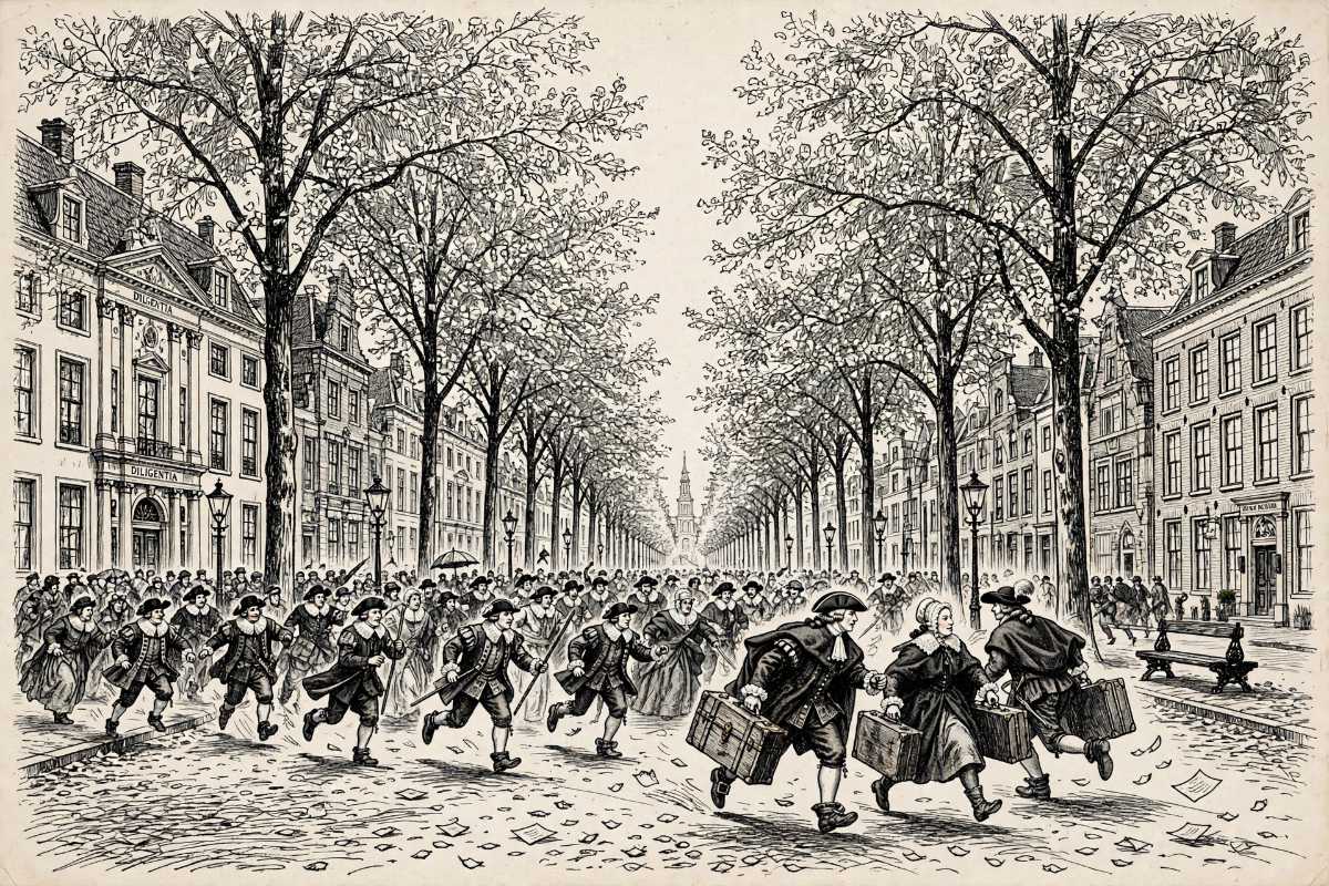 Pentekening van vluchtende edelen na de moord op Johan de Witt.