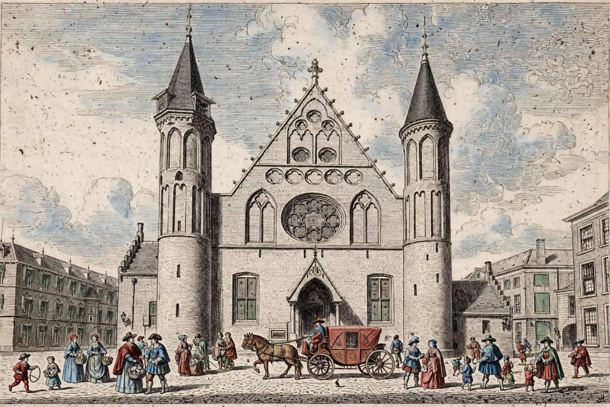 ingekleude pentekening van de Ridderzaal in Den Haag.