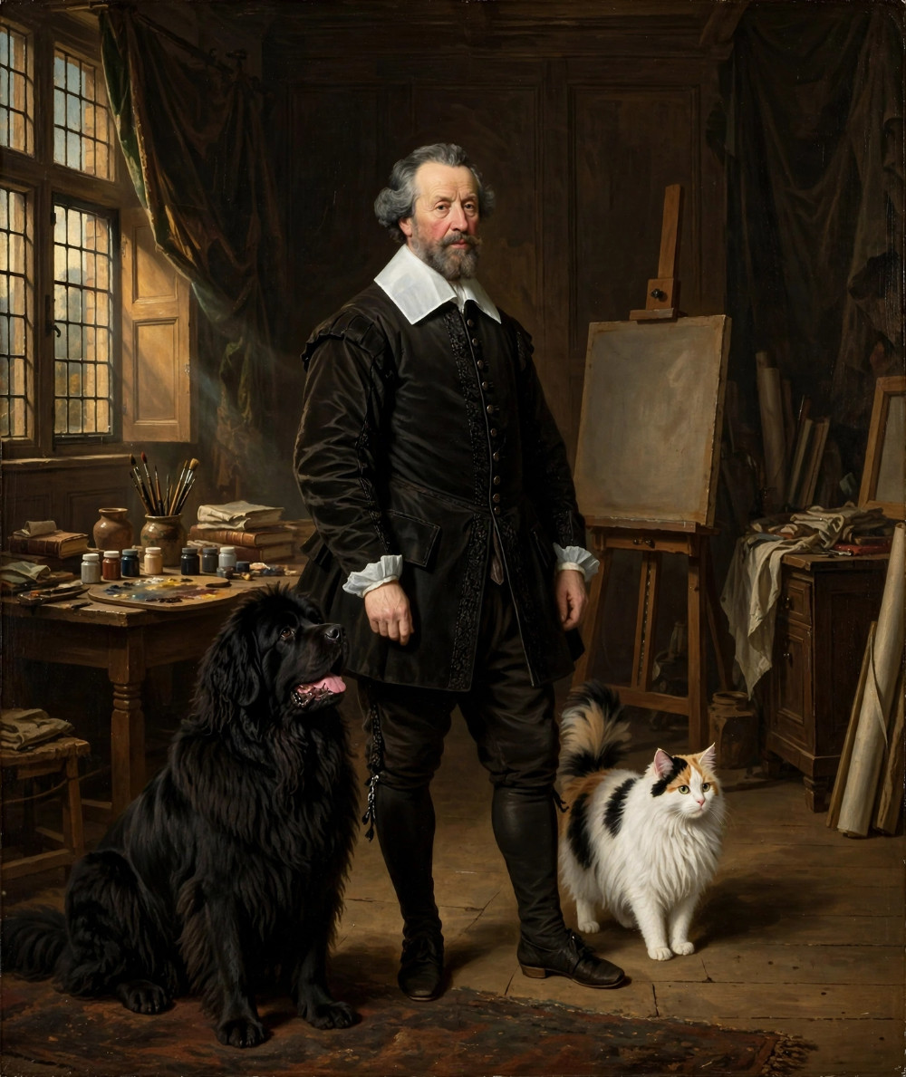 schilderij Hendrick Haringh met hond en kat gemaakt door Govert Flinck