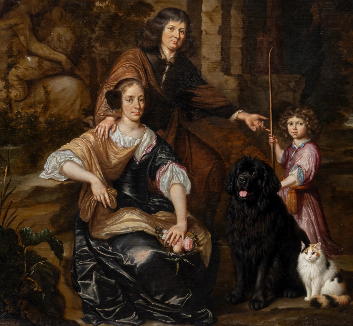 Gezinsportret van Vader, Moeder, Kind, Hond en kat van Daniël Haring.