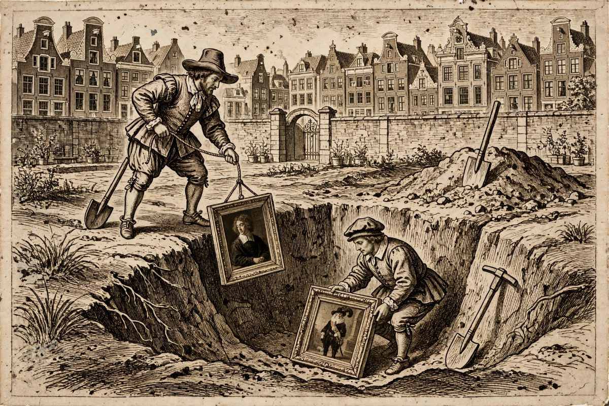17de eeuwse tekening waarop de schilderijen worden begraven.