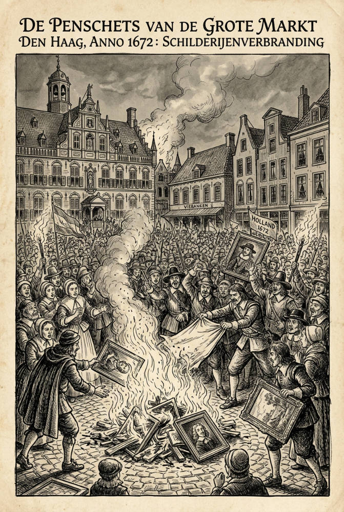 Schilderijen werden in 1672 op de Grote Markt in brand gestoken.