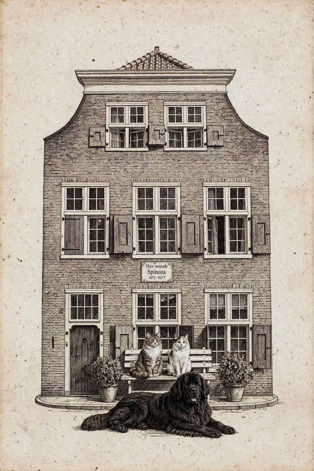 Tekening van het huis van Spinoza aan de paviljoensgracht.