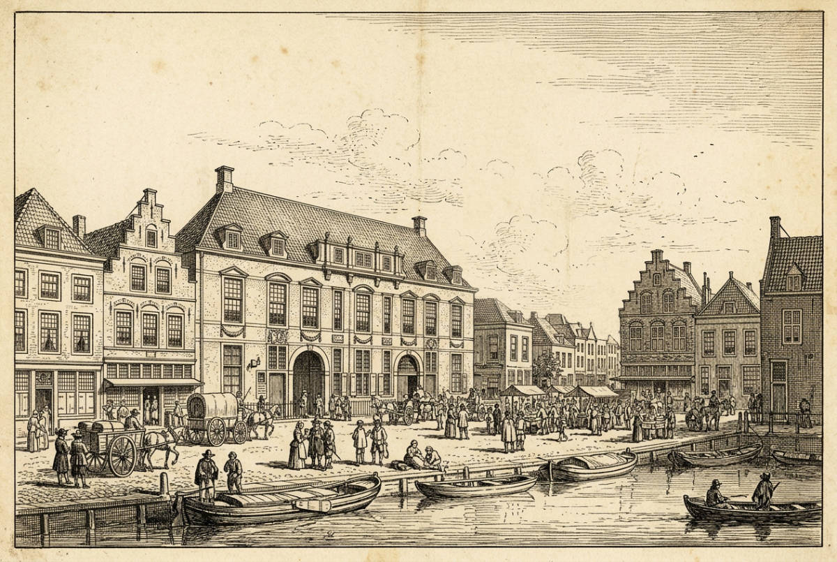 Tekening van de Boterwaag in Den Haag rond 1650