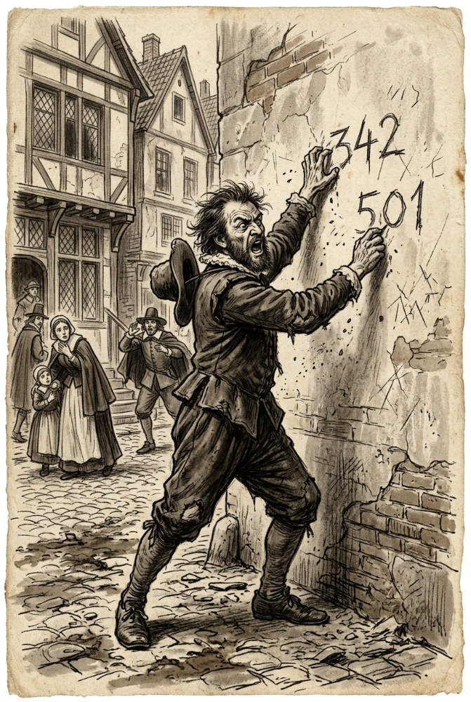 Uit pure razernij schrijft Coenraad van Beuningen de cijfers 342 en 501 op de gevel