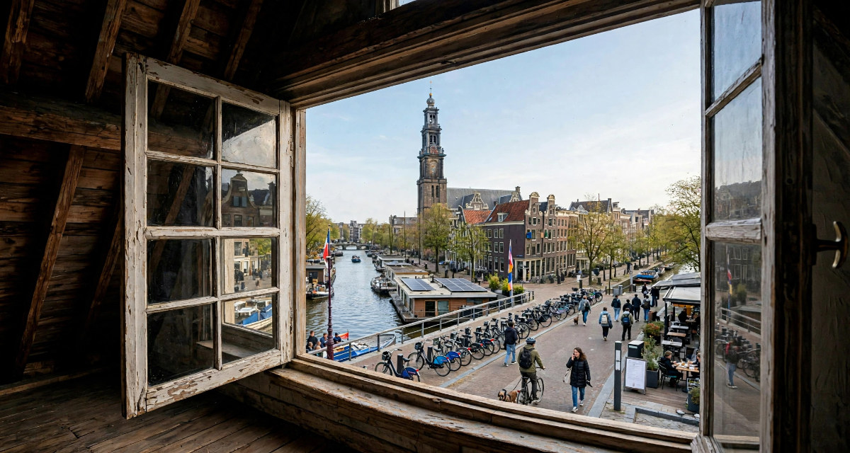 Uitzicht vanuit de zolderkamer op de Westertoren.
