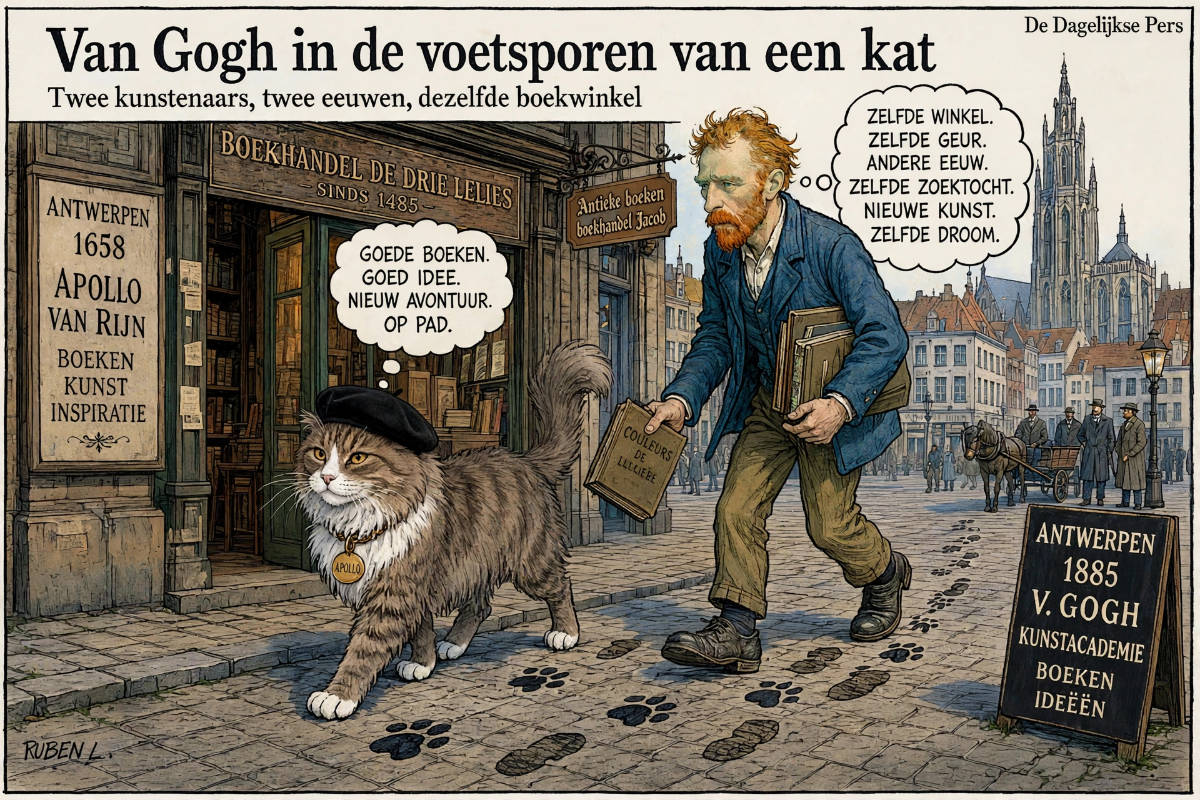 Cartoon Vincent van Gogh in de voetsporen van Apollo van Rijn.