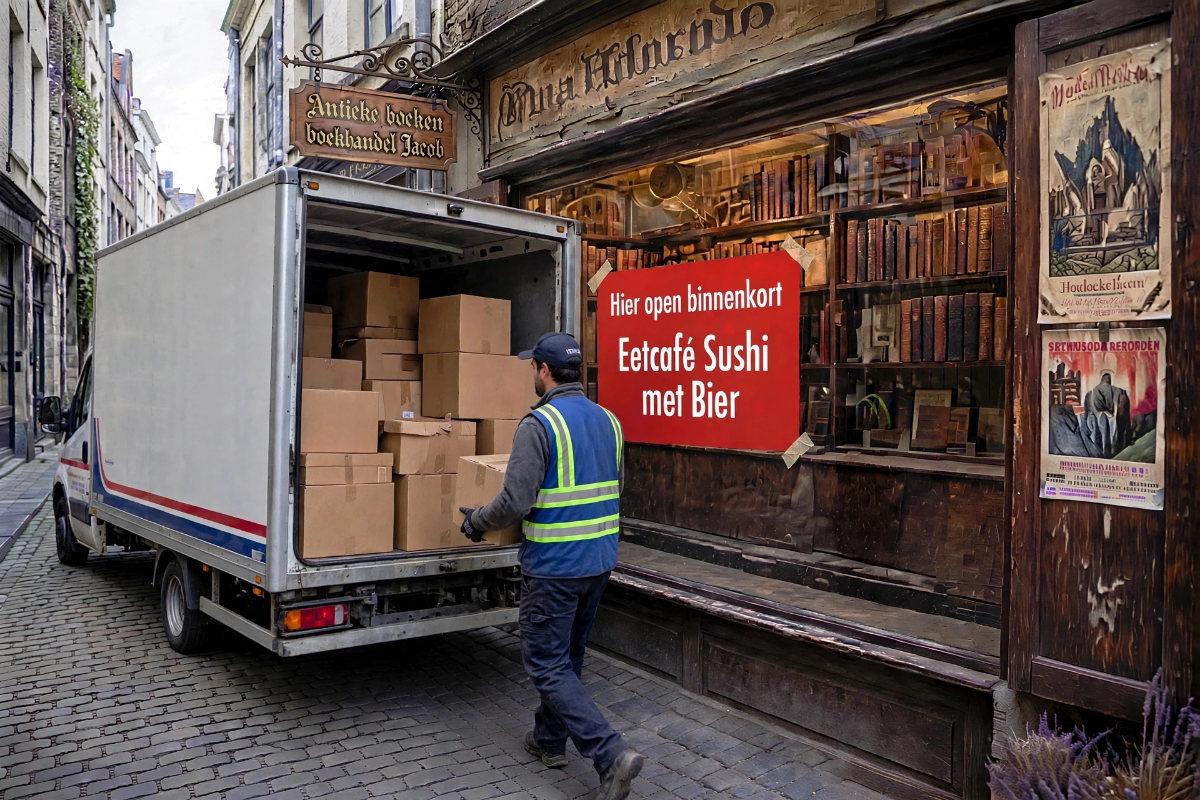 In de verhuiswagen wordt de hele inboedel van boekwinkel Jacob gedaan.