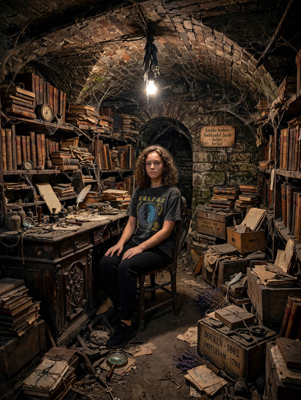 Jessica zit in de kelder van boekhandel Jacob achter een oud bureau